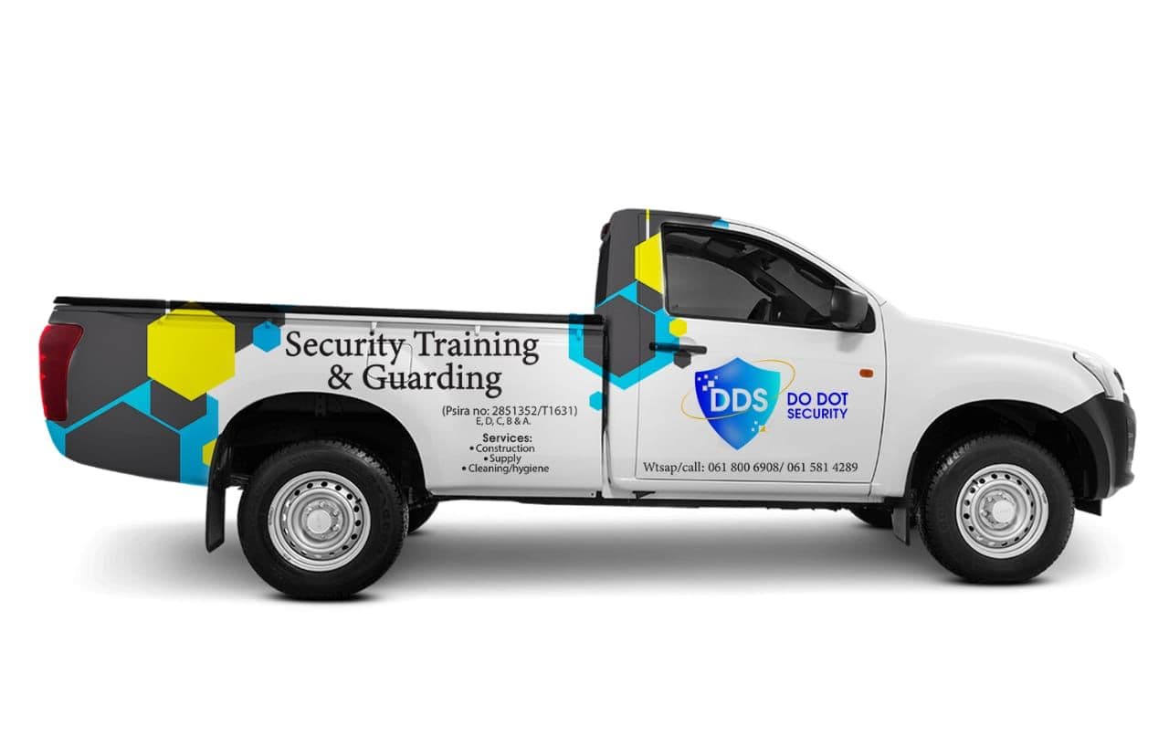 DDS Do Dot Security branded patrol vehicle with company livery, PSIRA number, and contact details